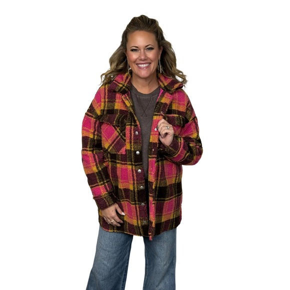 Fate Jackets & Blazers - Fate Women's Pink Multi Plaid Sherpa Oversized Fleece Cozy Core Jacket Large